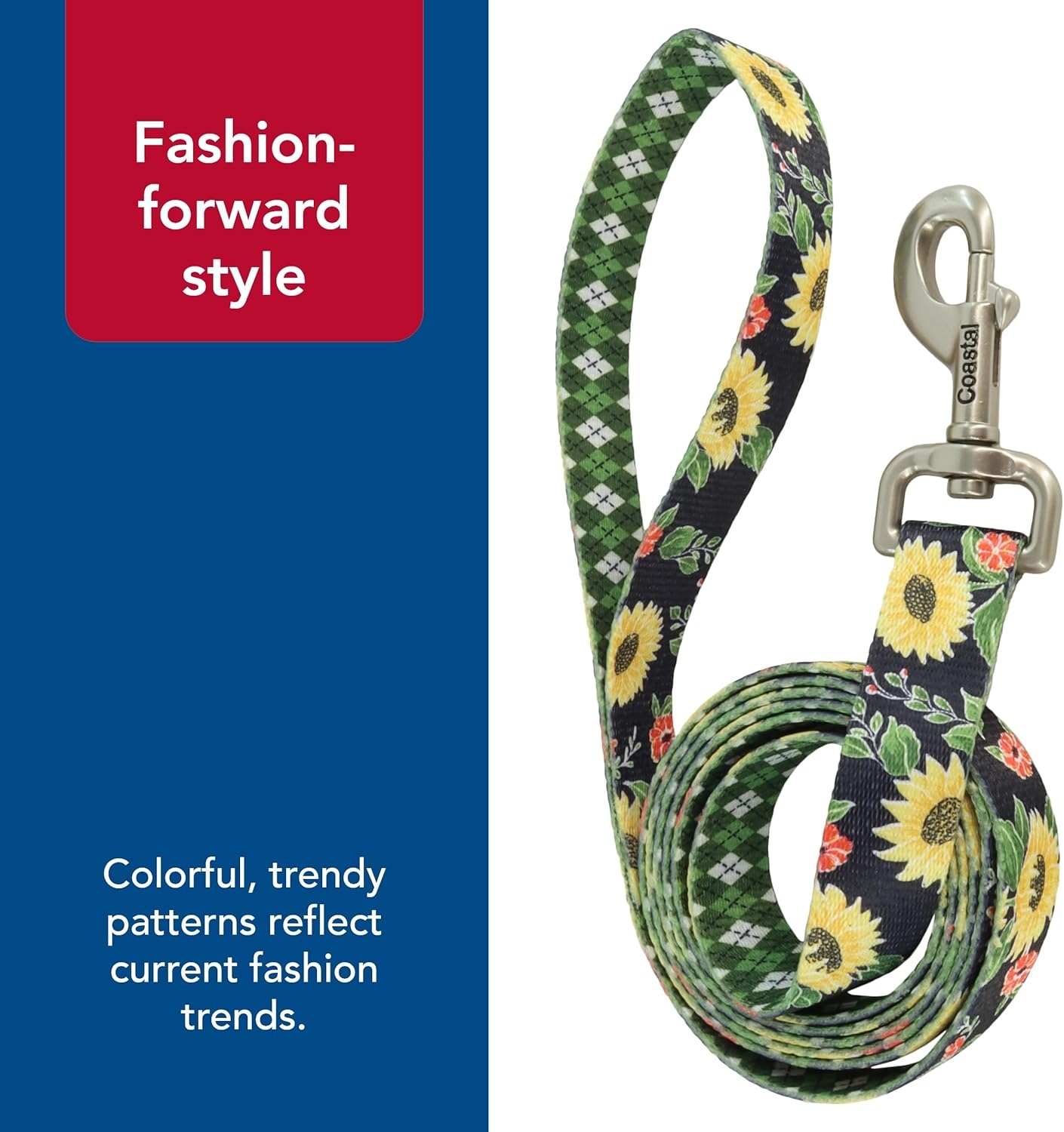 image:imageCoastal Pet Sublime Dog Leash Dog Walking Leash Fashionable DualPattern Design with Colorful amp Trendy Pattern Sunflower with Green Argyle 1 x 6Sunflower with Green Argyle