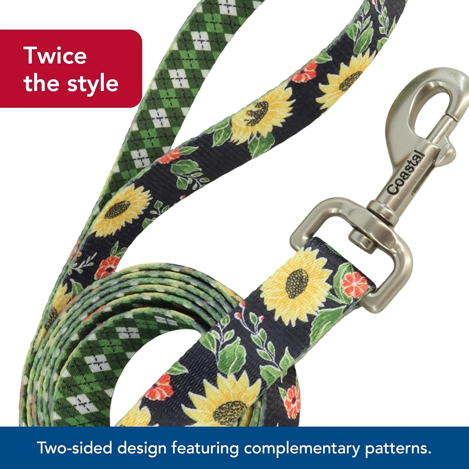 image:imageCoastal Pet Sublime Dog Leash Dog Walking Leash Fashionable DualPattern Design with Colorful amp Trendy Pattern Sunflower with Green Argyle 1 x 6Sunflower with Green Argyle