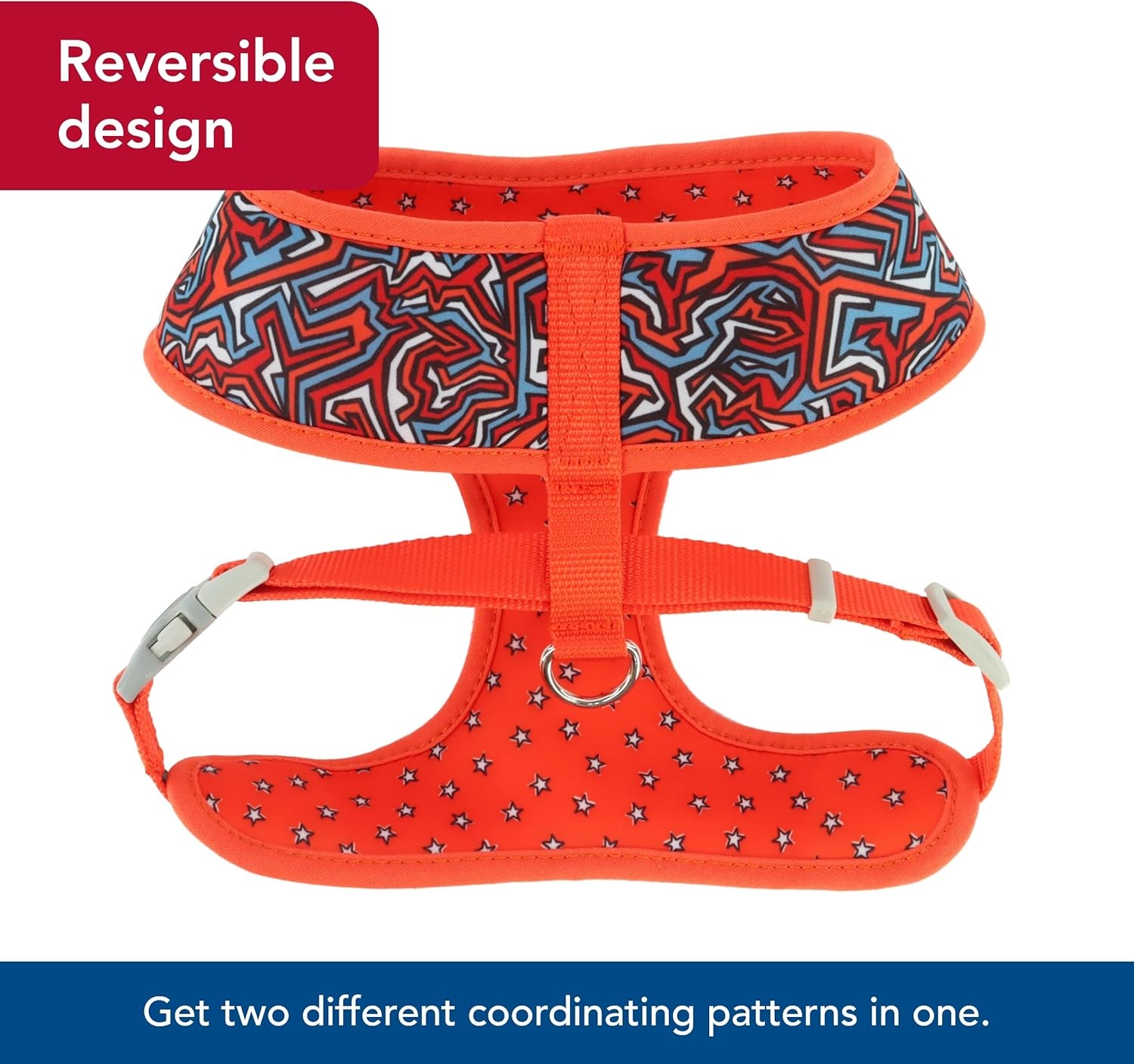 image:imageCoastal Pet Sublime Reversible Dog Harness Adjustable Fit with Easy Overhead Application Exceptional Durability Red Blue Graffitti with Red Stars XSmall 58 x 16 19