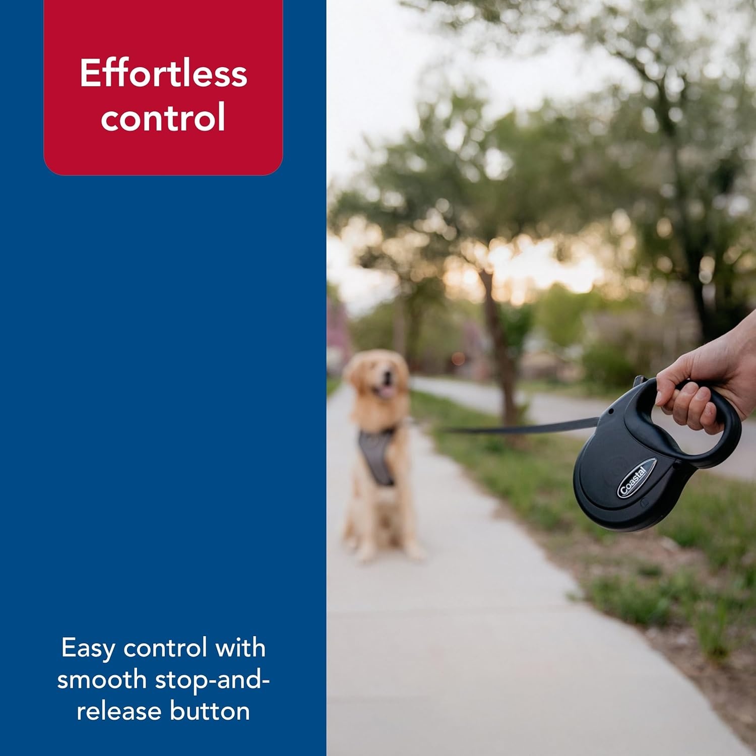 image:imageCoastal Pet Power Walker Dog Retractable Leash Reflective Dog Leash StopandRelease Control Button Comfort Grip Handle Blue LargePink